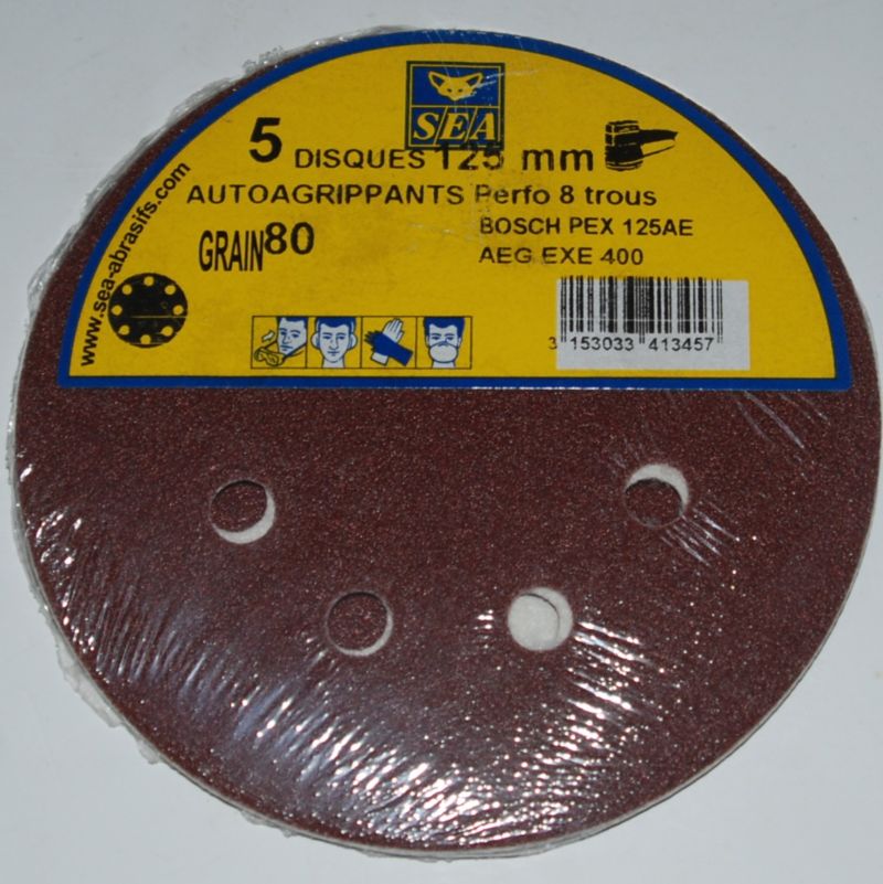 5 Disques auto-agrippant perforé 8 trous D.125 grain 80 SEA