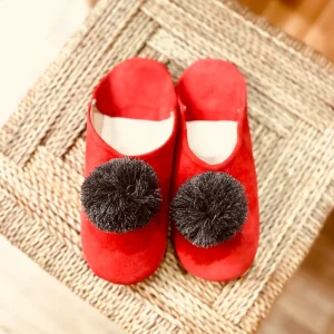 Babouches Framboises pompons Gris