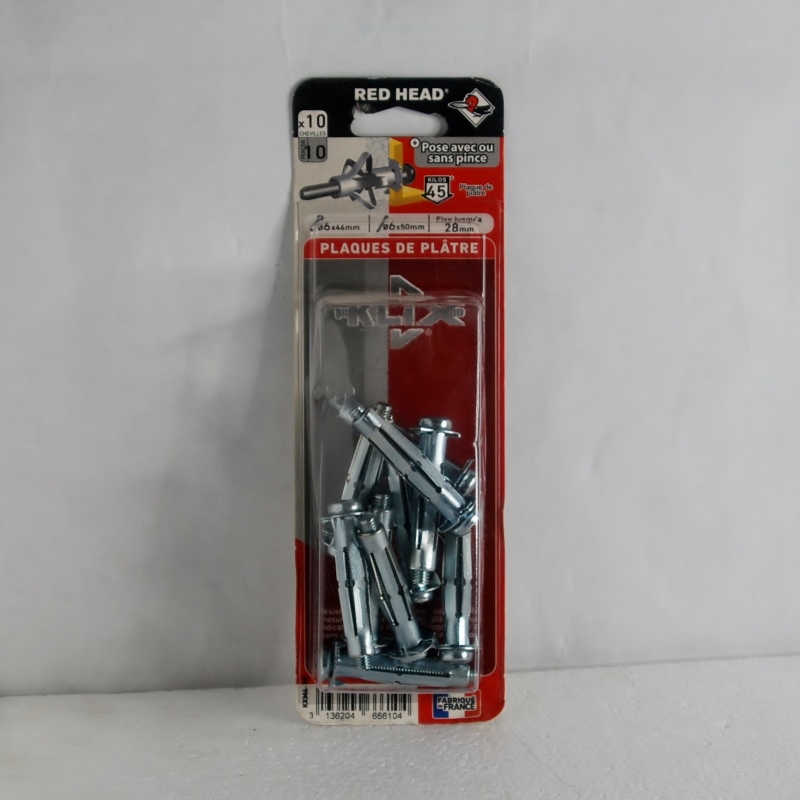 10 Chevilles métalliques KLIX Plaques de plâtres 10 x 46mm. avec vis M6 RED HEAD – Image 2